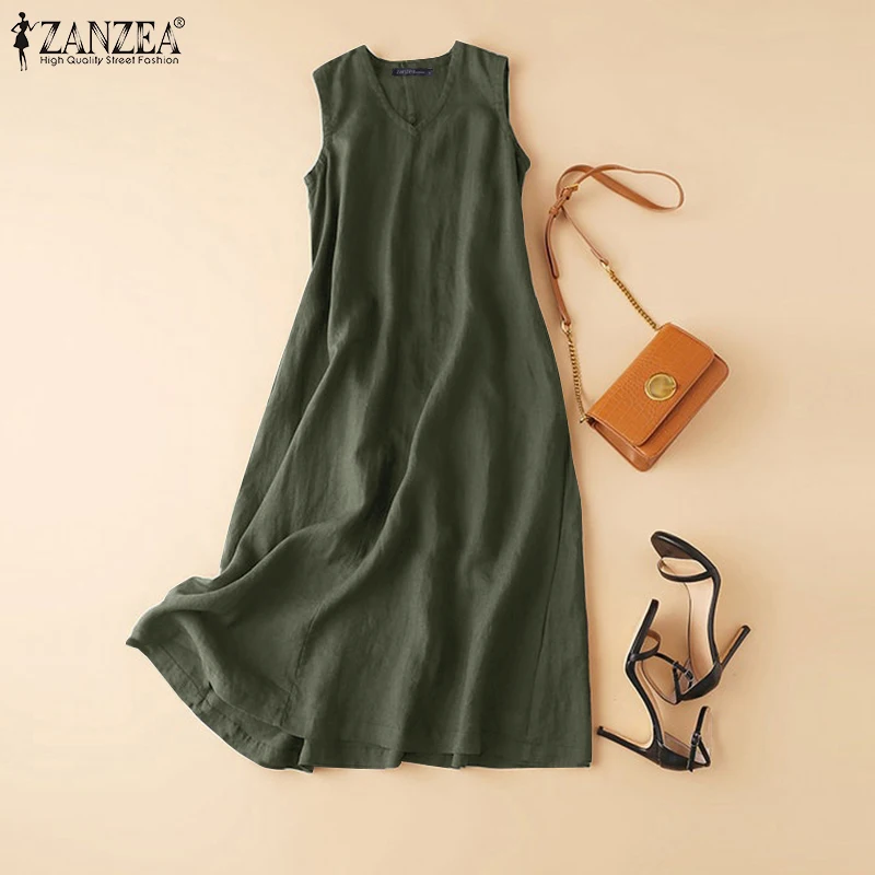ZANZEA Summer Women's Sleeveless Maxi Dress V-Neck Solid Color Cotton Sundress Casual Loose A-Line Long Dress Woman Clothes 5XL