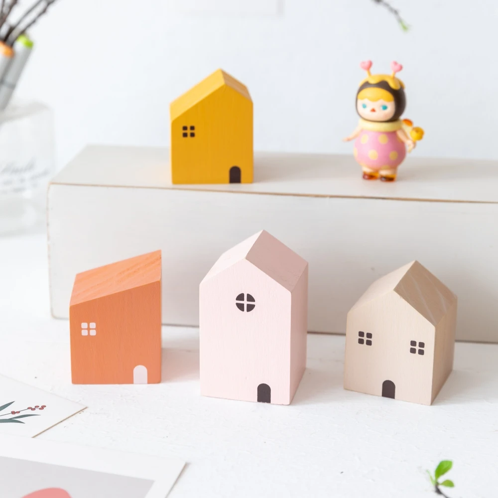 4Pcs Small Wooden House Ornament Miniature Building Table Desktop Home Decor Nordic Style Crafts Christmas Birthday Gifts