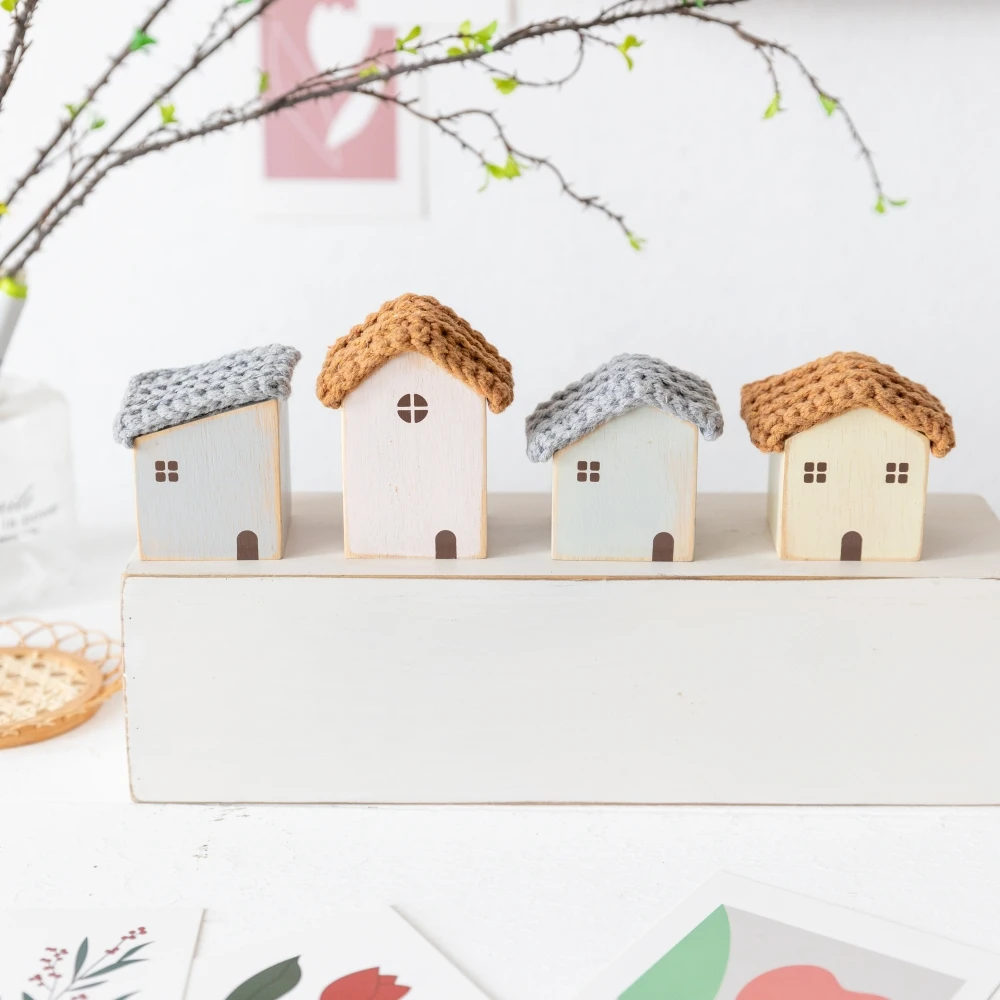 4Pcs Small Wooden House Ornament Miniature Building Table Desktop Home Decor Nordic Style Crafts Christmas Birthday Gifts