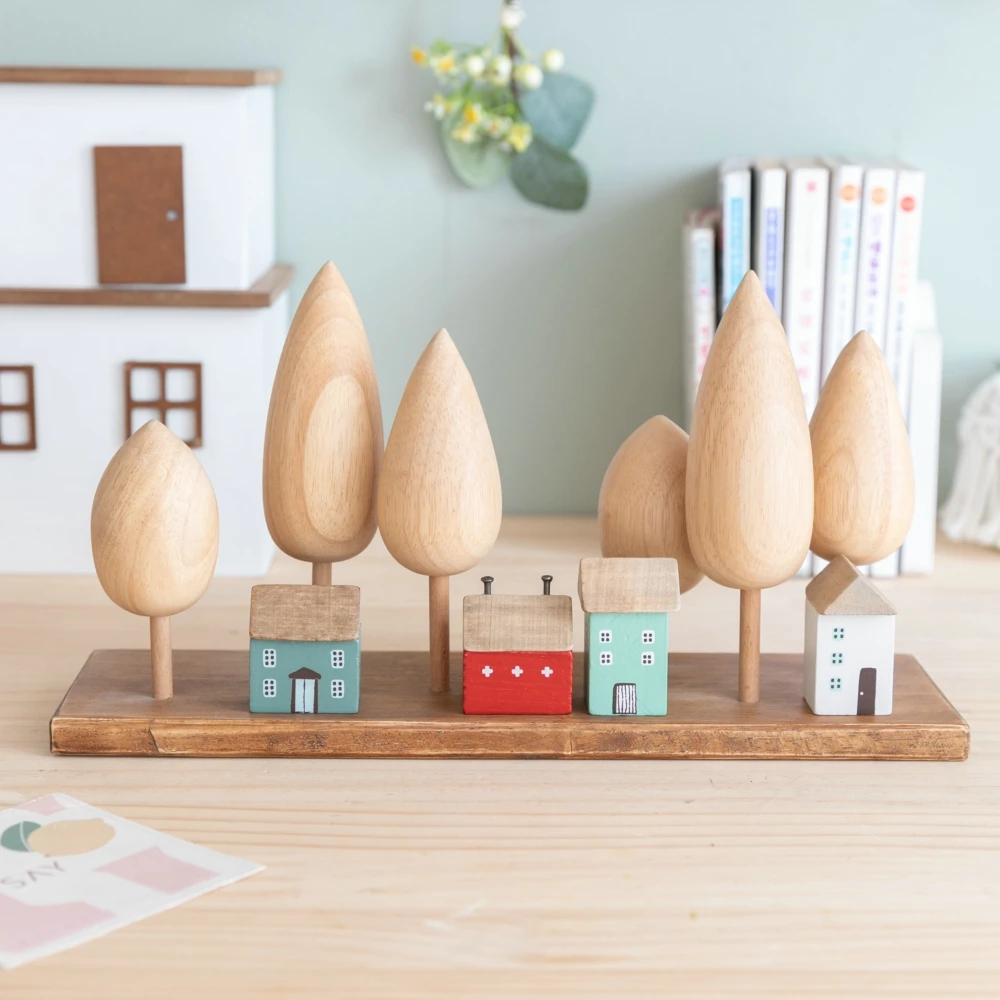 4Pcs Small Wooden House Ornament Miniature Building Table Desktop Home Decor Nordic Style Crafts Christmas Birthday Gifts