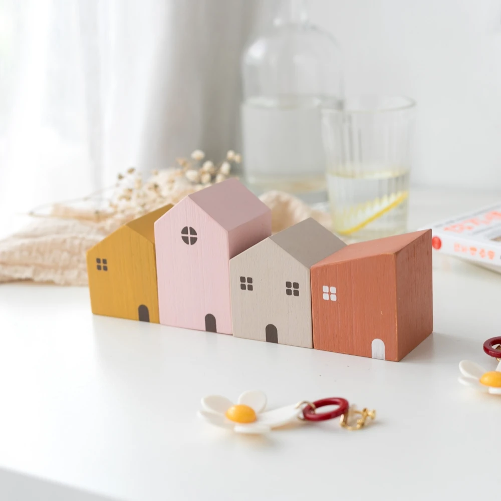 4Pcs Small Wooden House Ornament Miniature Building Table Desktop Home Decor Nordic Style Crafts Christmas Birthday Gifts