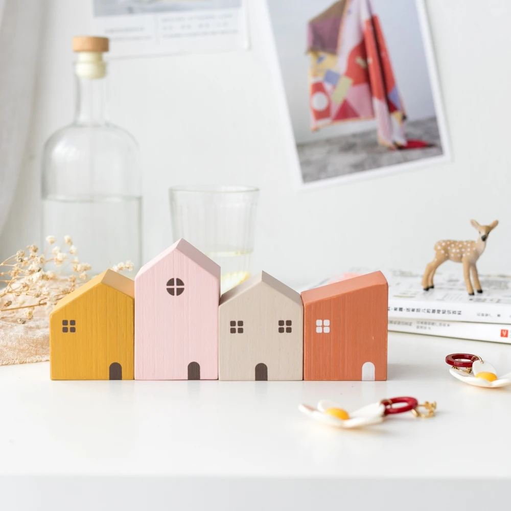 4Pcs Small Wooden House Ornament Miniature Building Table Desktop Home Decor Nordic Style Crafts Christmas Birthday Gifts
