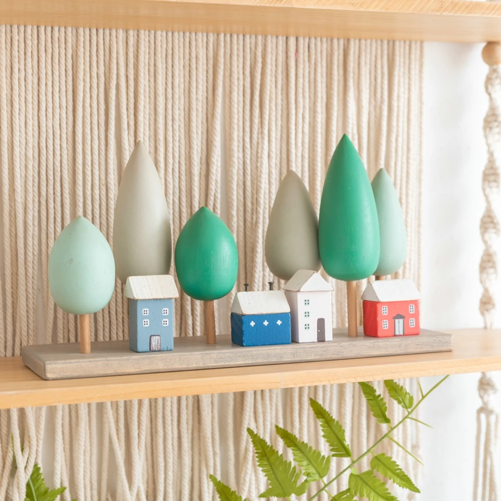 4Pcs Small Wooden House Ornament Miniature Building Table Desktop Home Decor Nordic Style Crafts Christmas Birthday Gifts