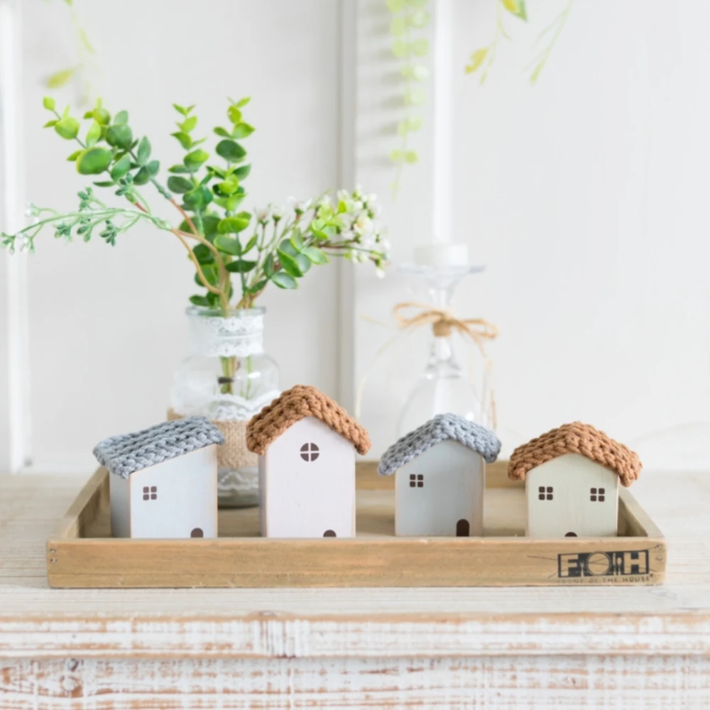4Pcs Small Wooden House Ornament Miniature Building Table Desktop Home Decor Nordic Style Crafts Christmas Birthday Gifts