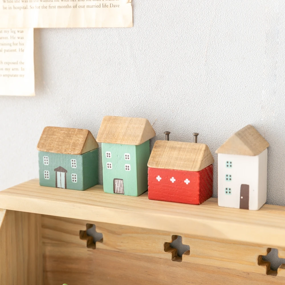 4Pcs Small Wooden House Ornament Miniature Building Table Desktop Home Decor Nordic Style Crafts Christmas Birthday Gifts