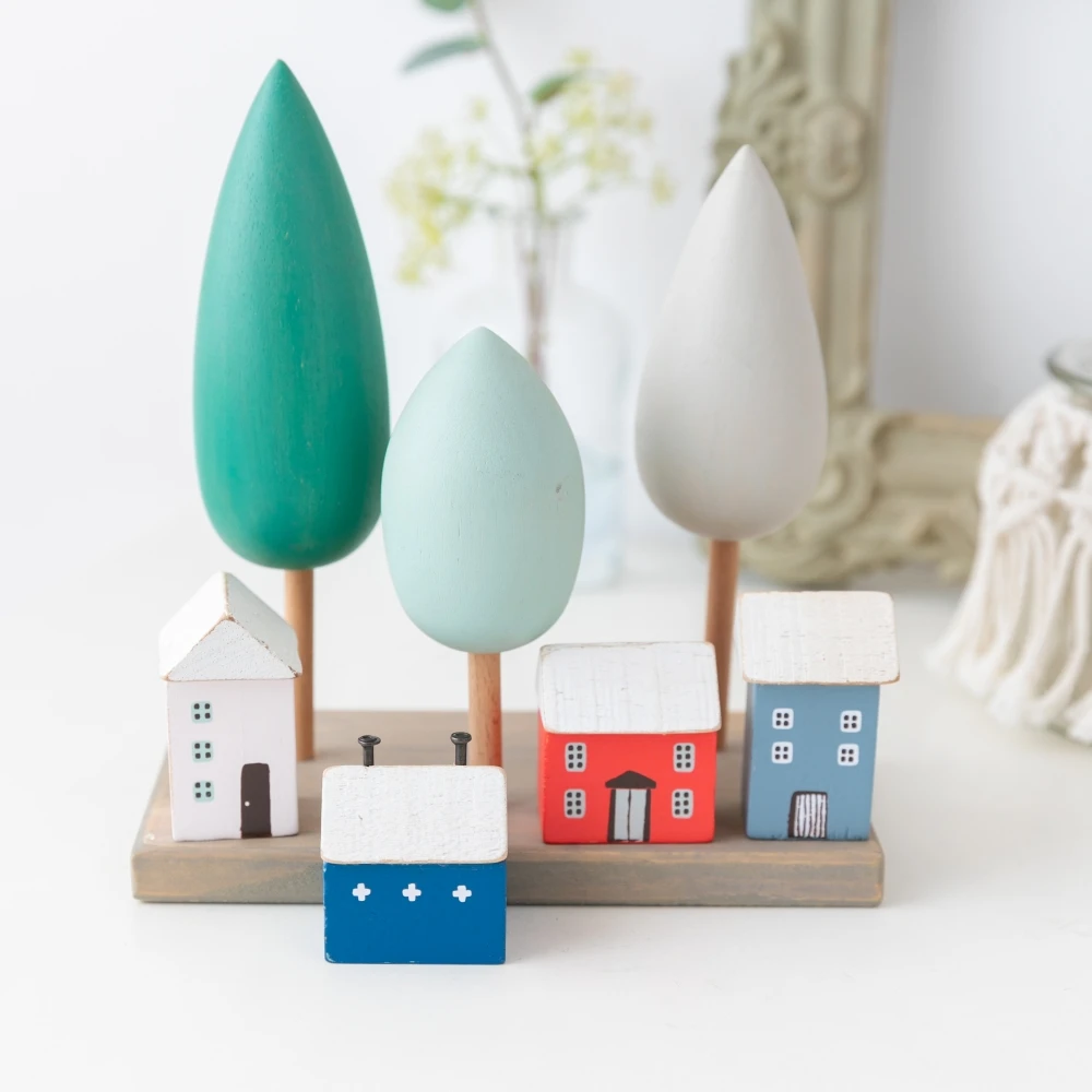 4Pcs Small Wooden House Ornament Miniature Building Table Desktop Home Decor Nordic Style Crafts Christmas Birthday Gifts