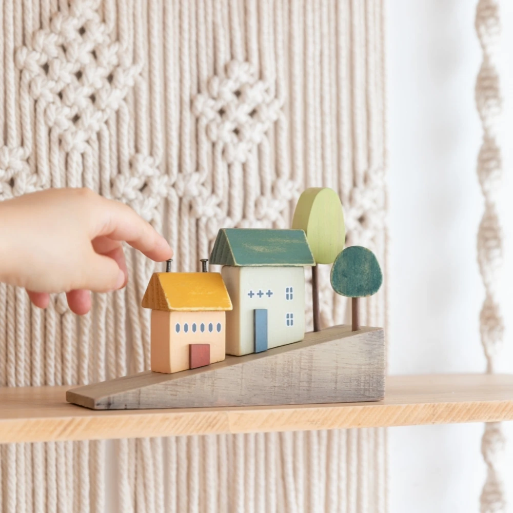 4Pcs Small Wooden House Ornament Miniature Building Table Desktop Home Decor Nordic Style Crafts Christmas Birthday Gifts
