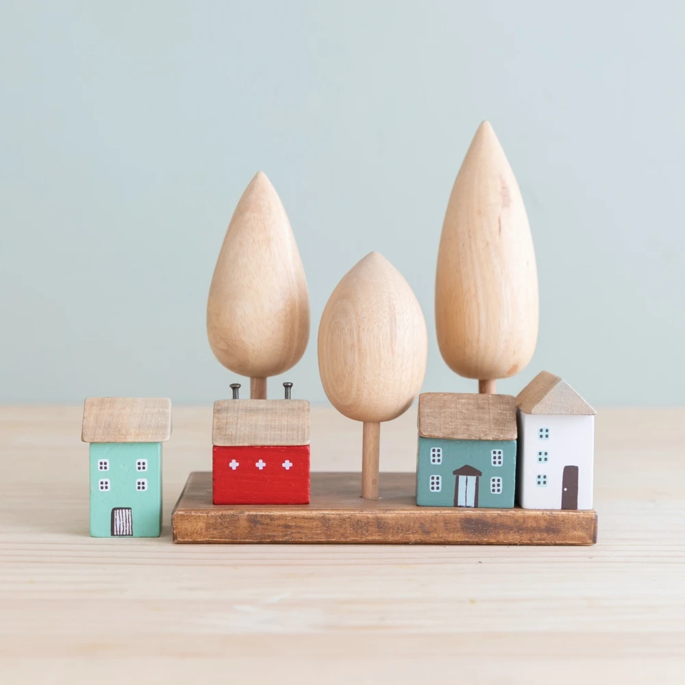 4Pcs Small Wooden House Ornament Miniature Building Table Desktop Home Decor Nordic Style Crafts Christmas Birthday Gifts