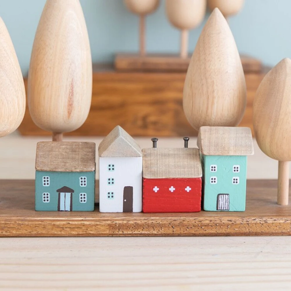 4Pcs Small Wooden House Ornament Miniature Building Table Desktop Home Decor Nordic Style Crafts Christmas Birthday Gifts