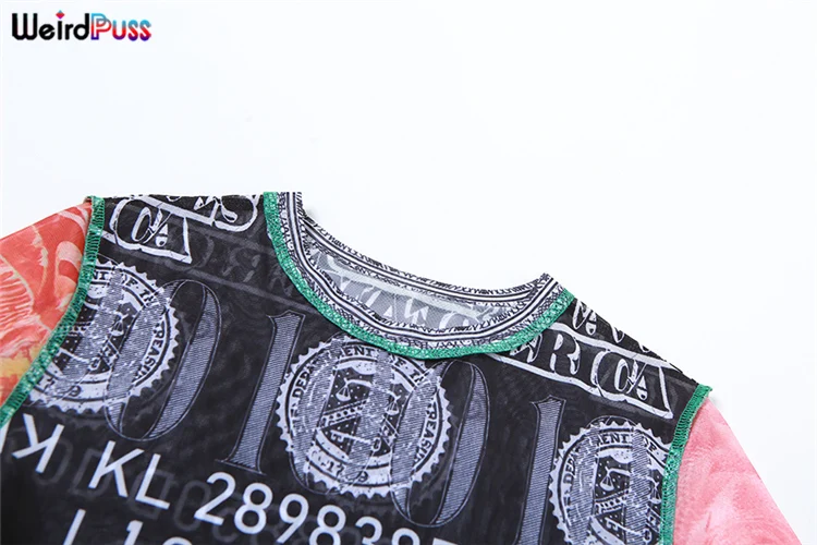 Weird Puss See Through Crop Tops Women Numeral Print Short Sleeve O-Neck Sexy Club Patchwork Streetwear Skinny Hot Girls Tees
