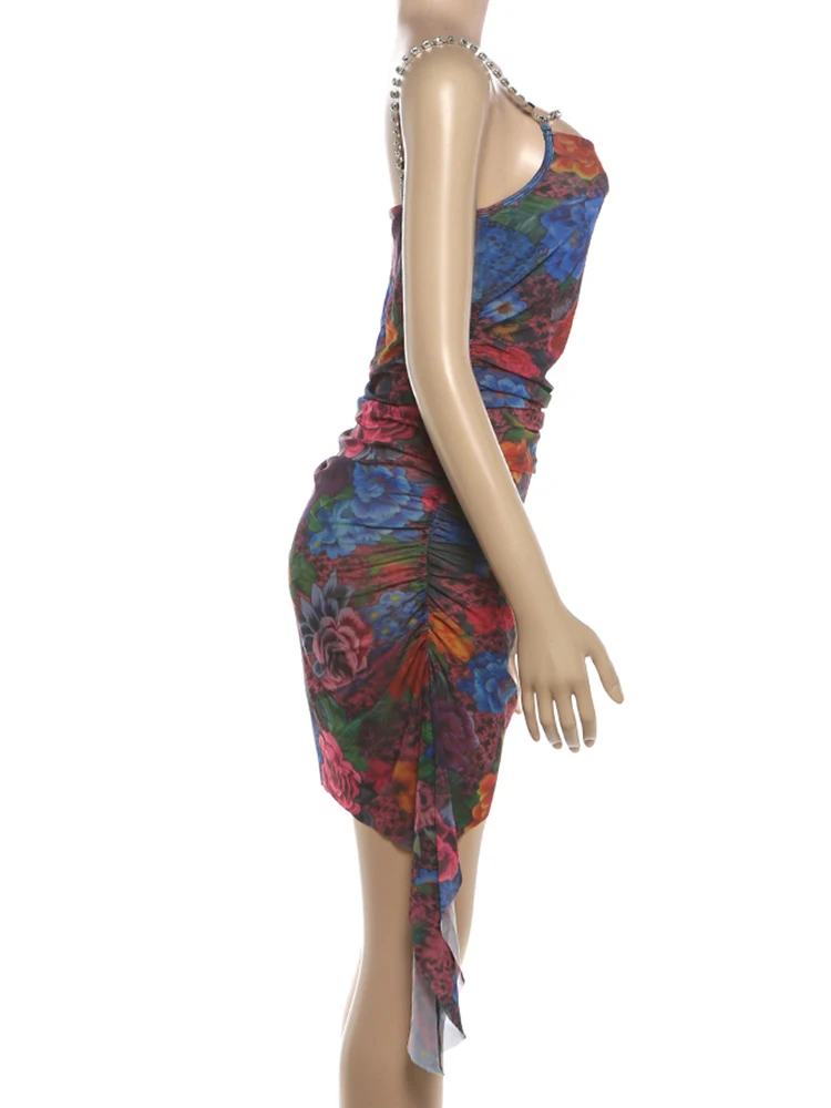 Kliou Floral Print Mini Dress Woman Rhinestone Chain Low-Neck Backless Irregular Hem Midnight Club Party Sexy Fashion Bodycon
