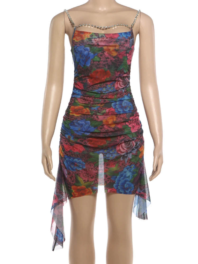 Kliou Floral Print Mini Dress Woman Rhinestone Chain Low-Neck Backless Irregular Hem Midnight Club Party Sexy Fashion Bodycon