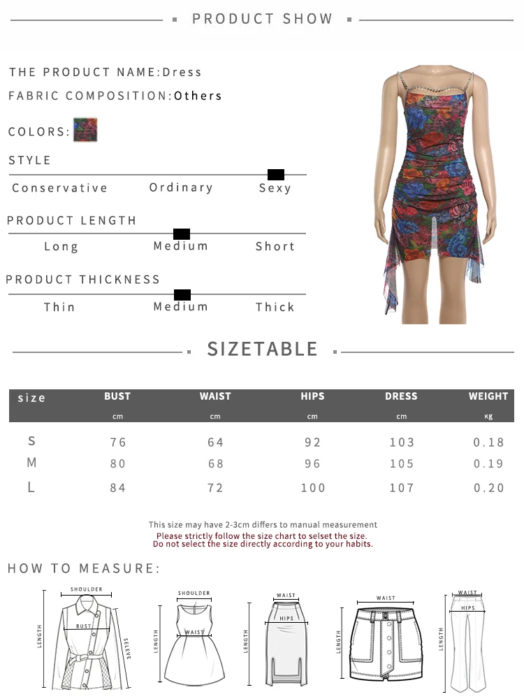 Kliou Floral Print Mini Dress Woman Rhinestone Chain Low-Neck Backless Irregular Hem Midnight Club Party Sexy Fashion Bodycon