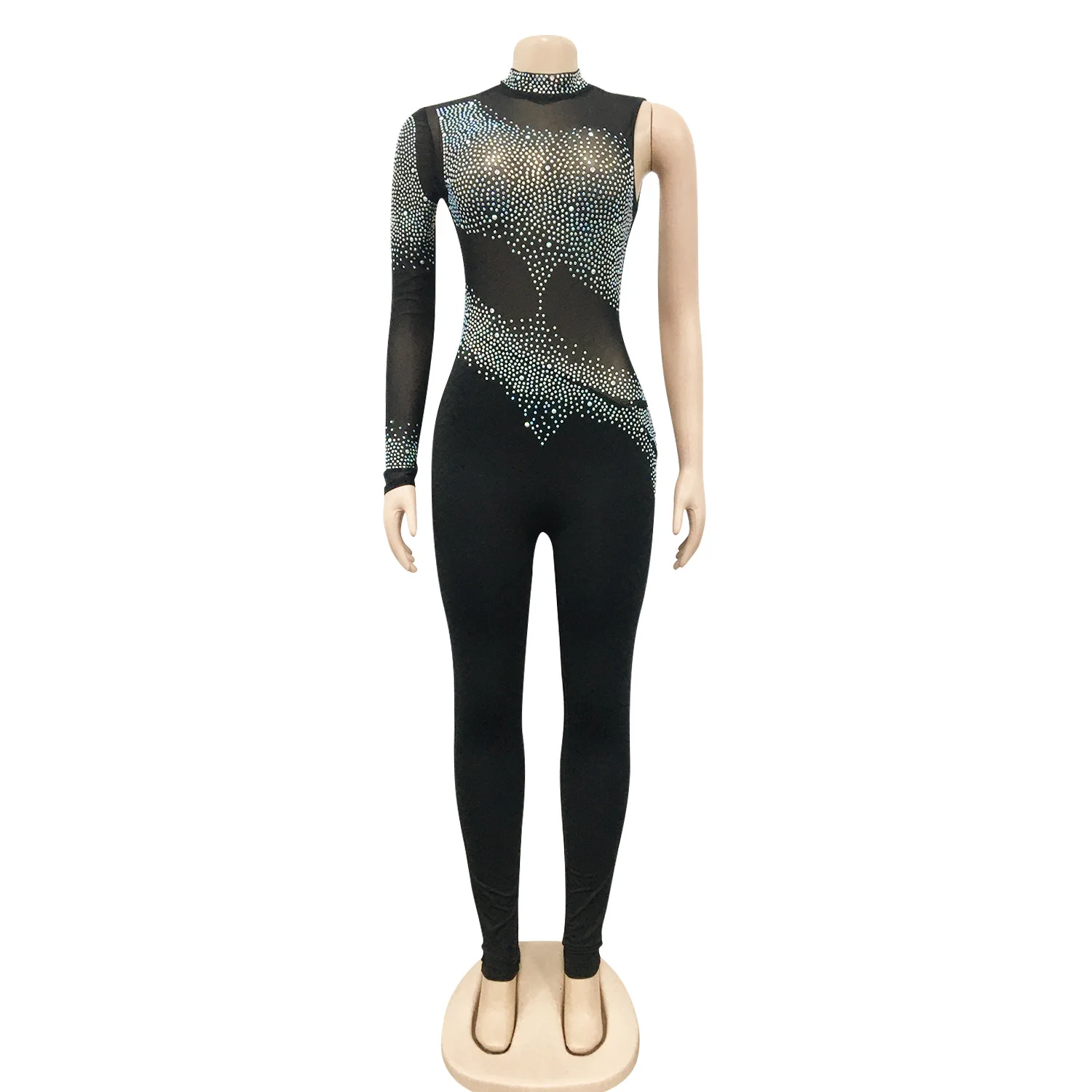CM.YAYA Women Diamonds Hot Rhinestones Mesh See Though Long Sleeve Jumpsuit 2024 Party Evening Playsuit One Piece Overalls Set