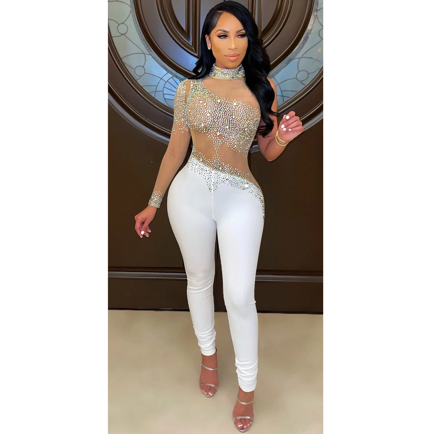 CM.YAYA Women Diamonds Hot Rhinestones Mesh See Though Long Sleeve Jumpsuit 2024 Party Evening Playsuit One Piece Overalls Set