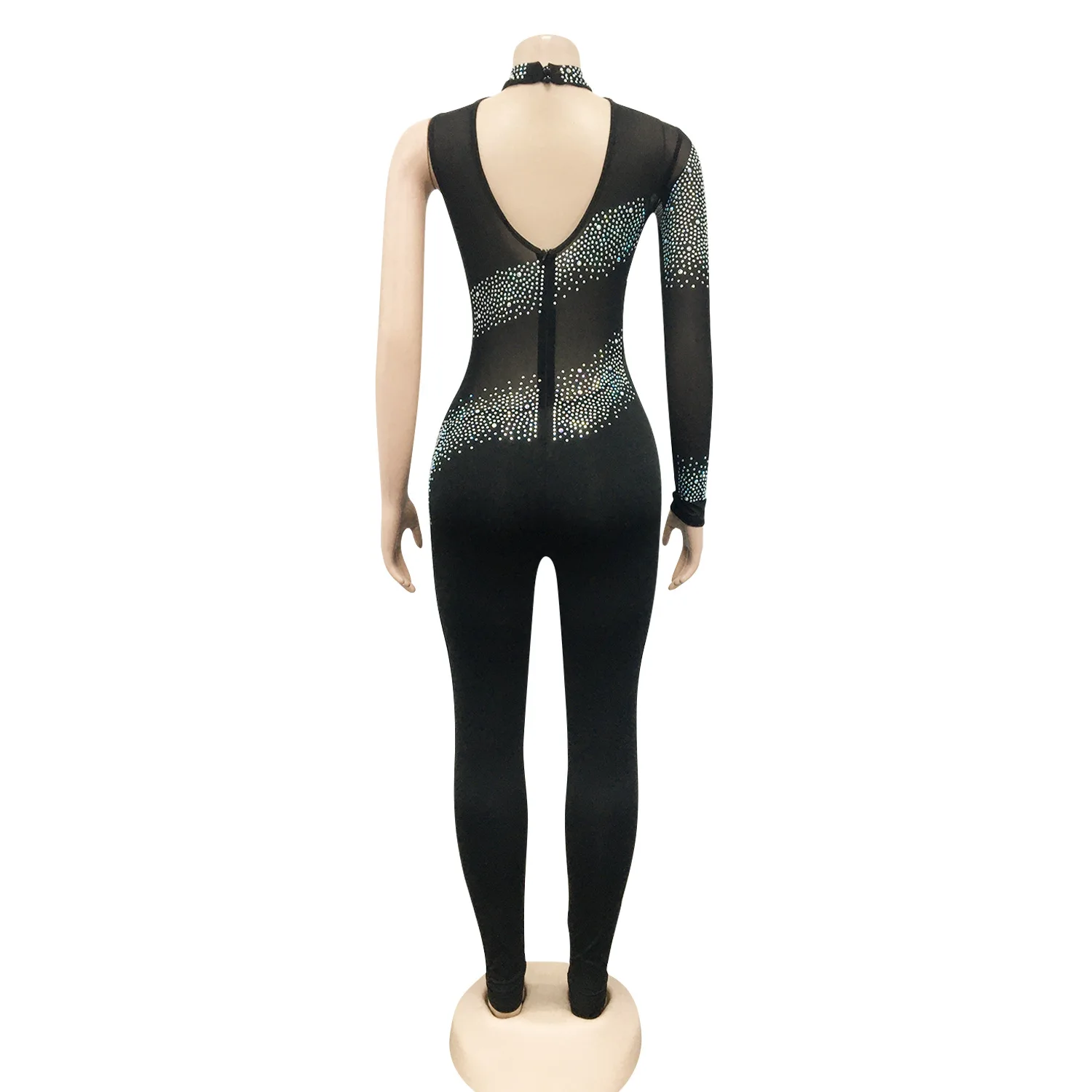 CM.YAYA Women Diamonds Hot Rhinestones Mesh See Though Long Sleeve Jumpsuit 2024 Party Evening Playsuit One Piece Overalls Set