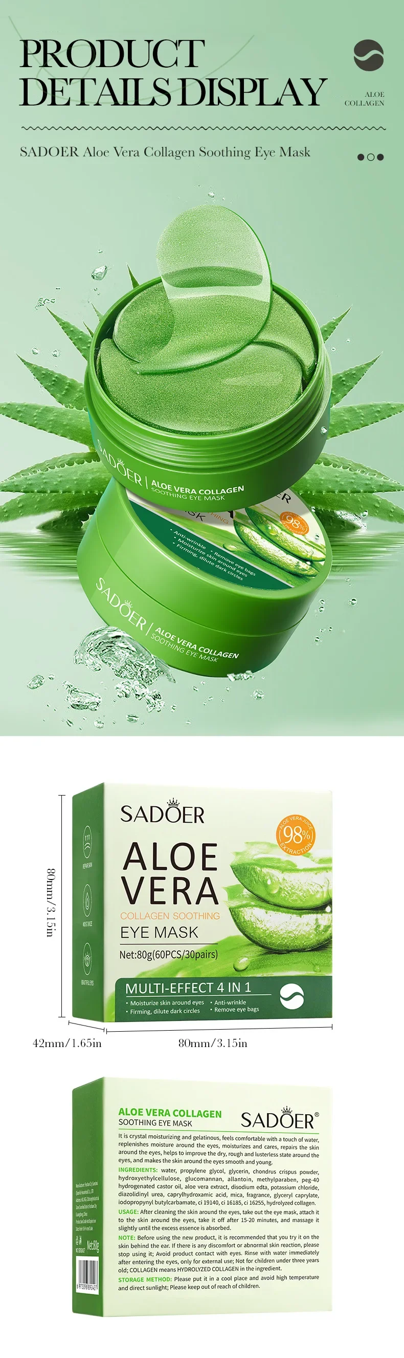 60 Pieces of Aloe Vera Collagen Eye Mask Moisturizing  Firming , Bright and Transparent Eye Mask Patches, Suitable for All Skin