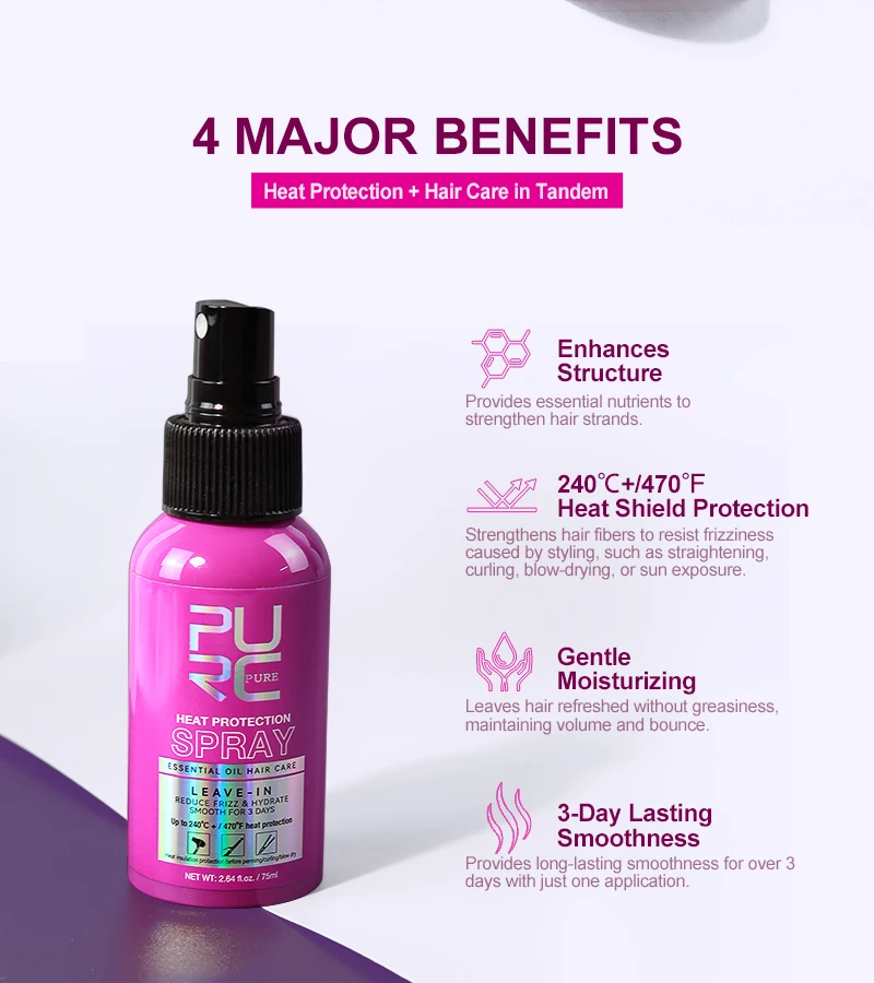 PURC Heat Protectant Spray Coconut Oil Frizz Control & Shine for All Hair Types Thermal Protection up to 470°F Hair Care