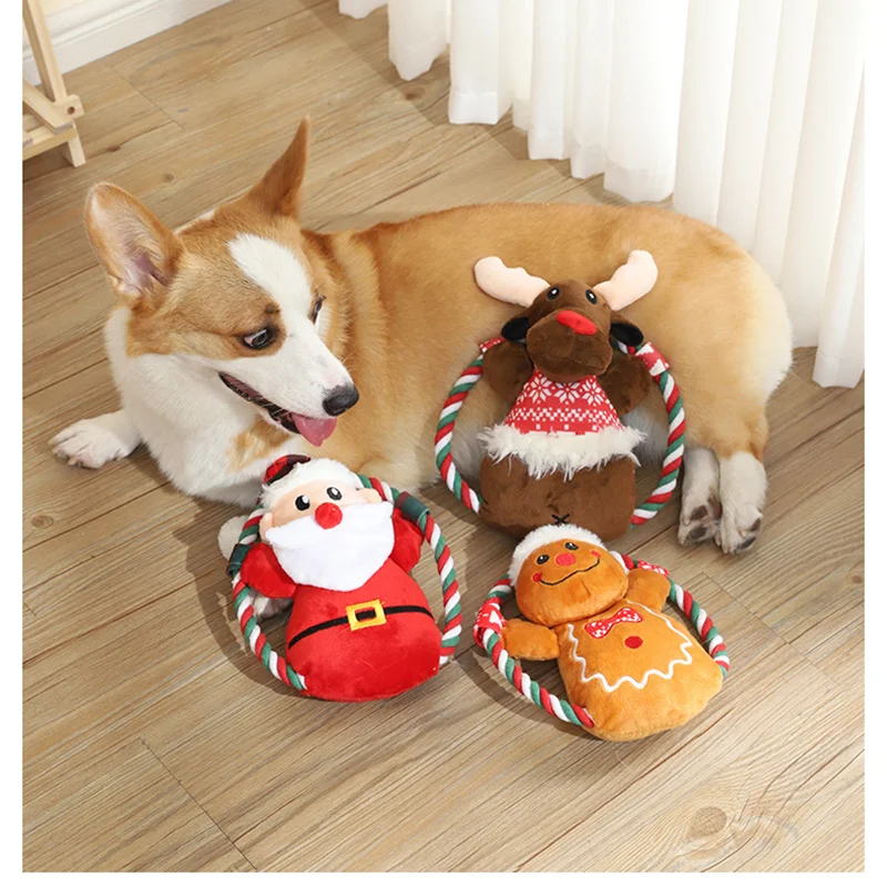 Xmas Pet Dog Plush Noise Chewing Toy Santa Elk Gingerbread Man Donut Cat Dog Christmas Series Cartoon Dog Toy Plush Squeak Toy