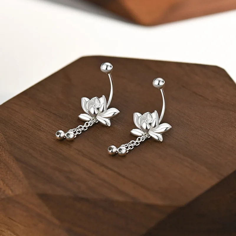 YILUOCD 925 Sterling Silver Lotu Flower Stud Earrings Vintage Tassel Flower Earrings for Women Cute Sweet Irregular Jewelry