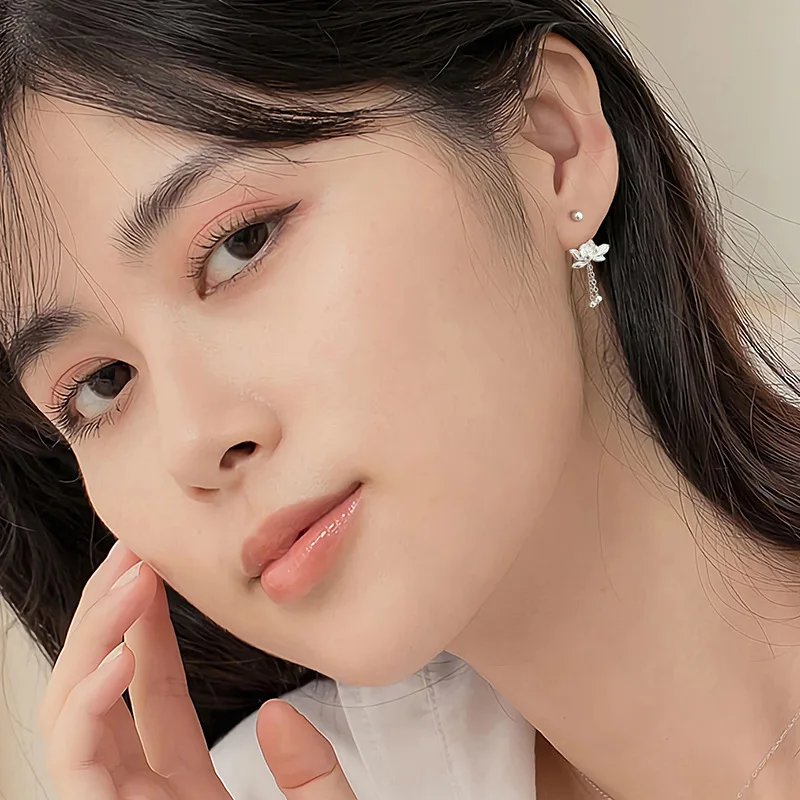 YILUOCD 925 Sterling Silver Lotu Flower Stud Earrings Vintage Tassel Flower Earrings for Women Cute Sweet Irregular Jewelry