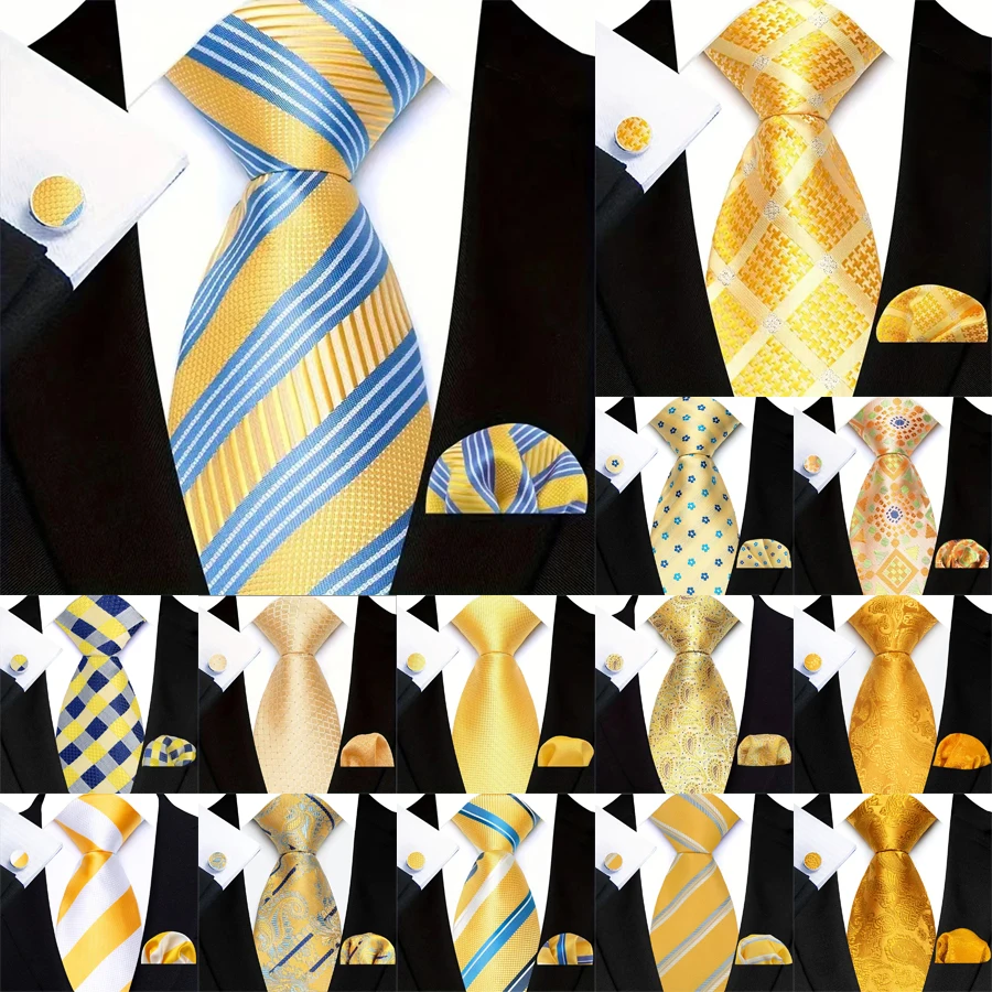 3Pcs Men's Yellow Color Stripes Plaid Solid Ties Pocket Square Cufflinks Wedding Prom Accessories 8cm Cravat Gift for Men