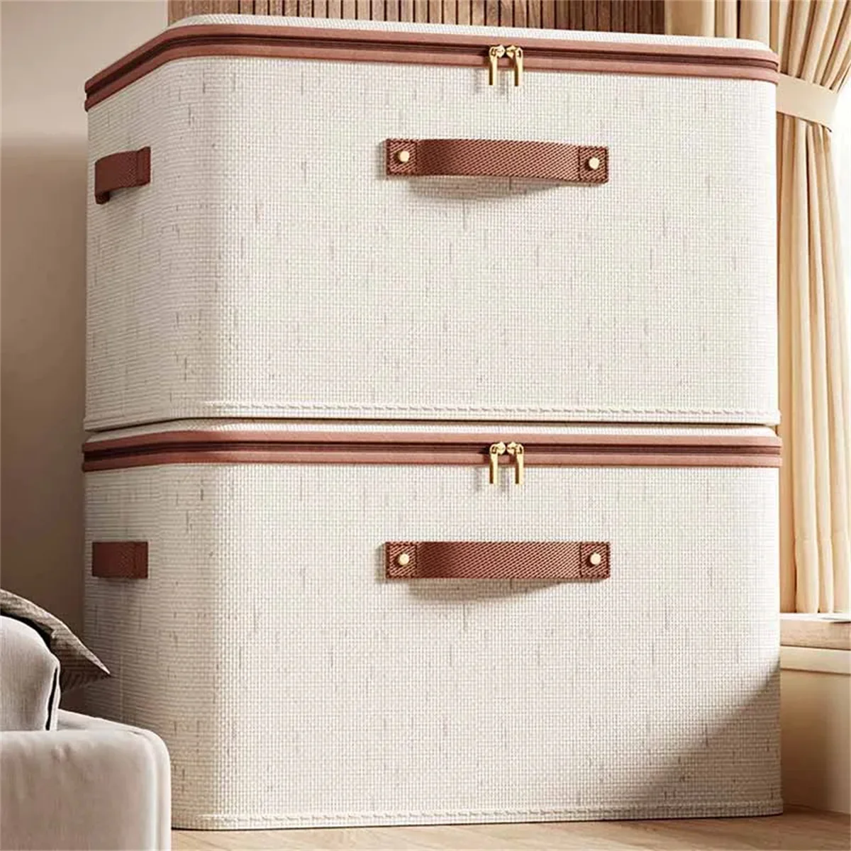 Large Household Storage Box Heavy-duty Hard Shell Cotton Linen Zipper Storage Organizer Box with Lid for Clothes Toys Blankets 