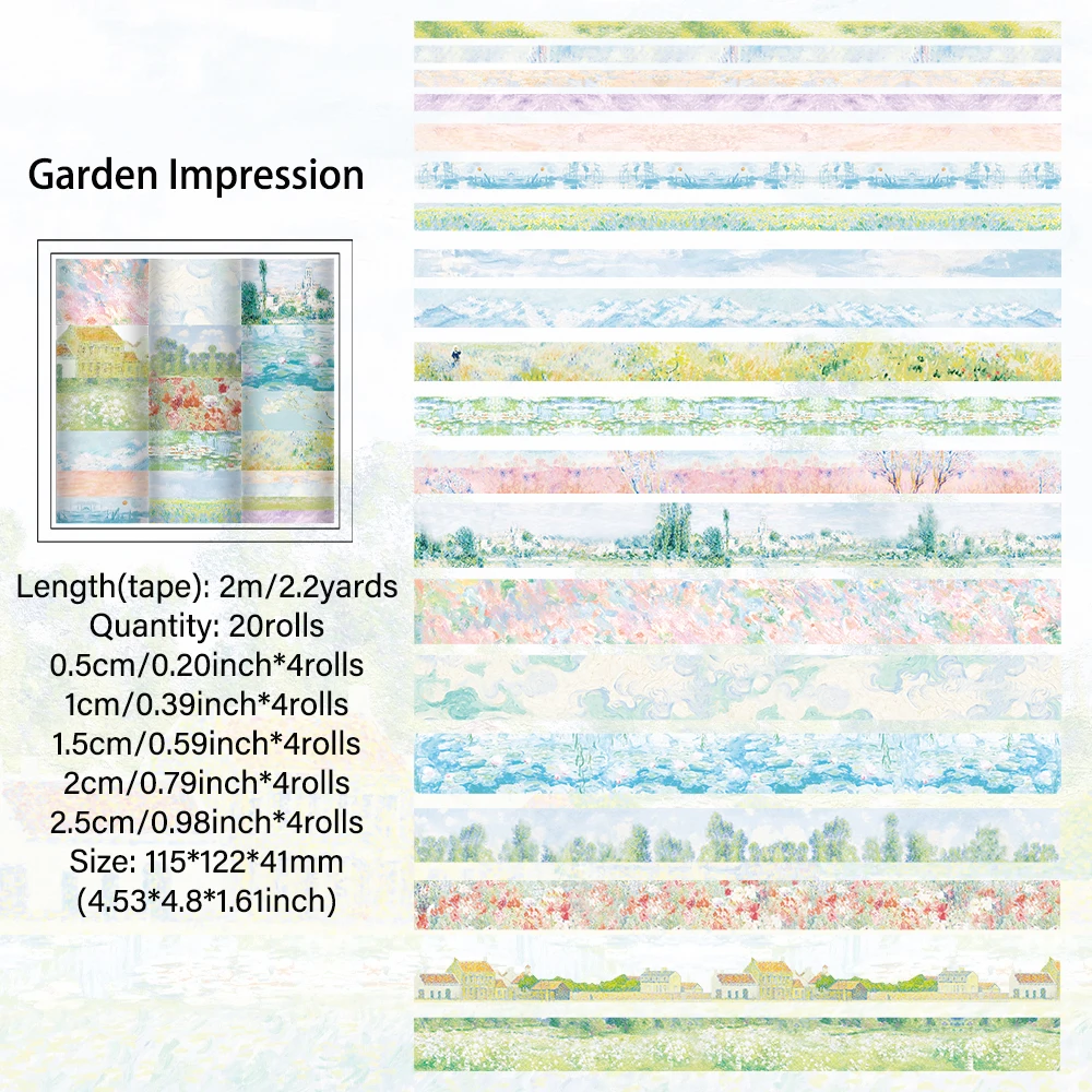 20 Rolls Vintage Garden Painting Washi Tape Set 2M(2.2 Yards) Long Masking Tapes For Scrapbooking Journaling Planner Notebook