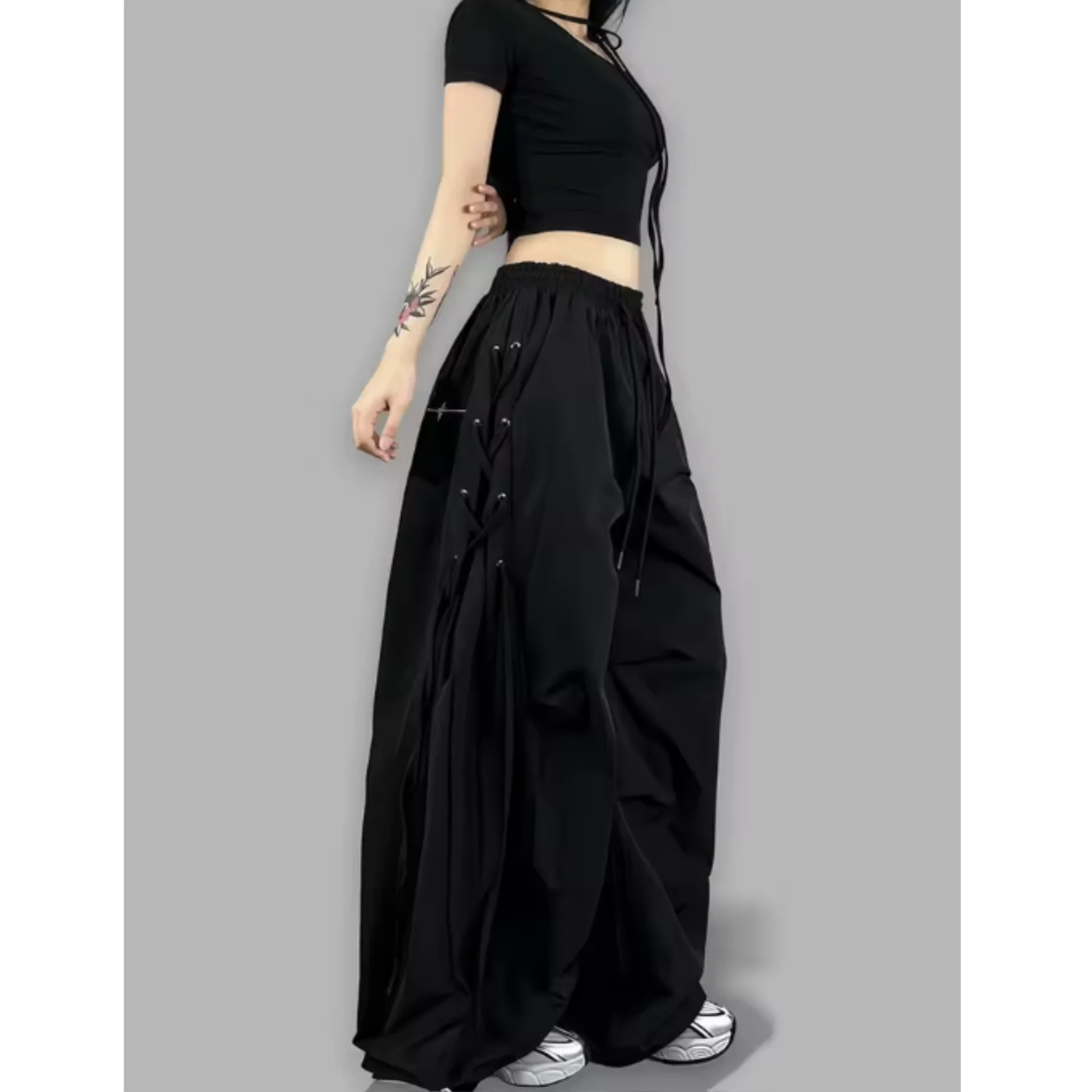 American Streetwear Jogging Cargo Pants Women High Waist Side Straps Loose Punk Wide Leg Trousers Fashion Hip Hop Parachute Pant
