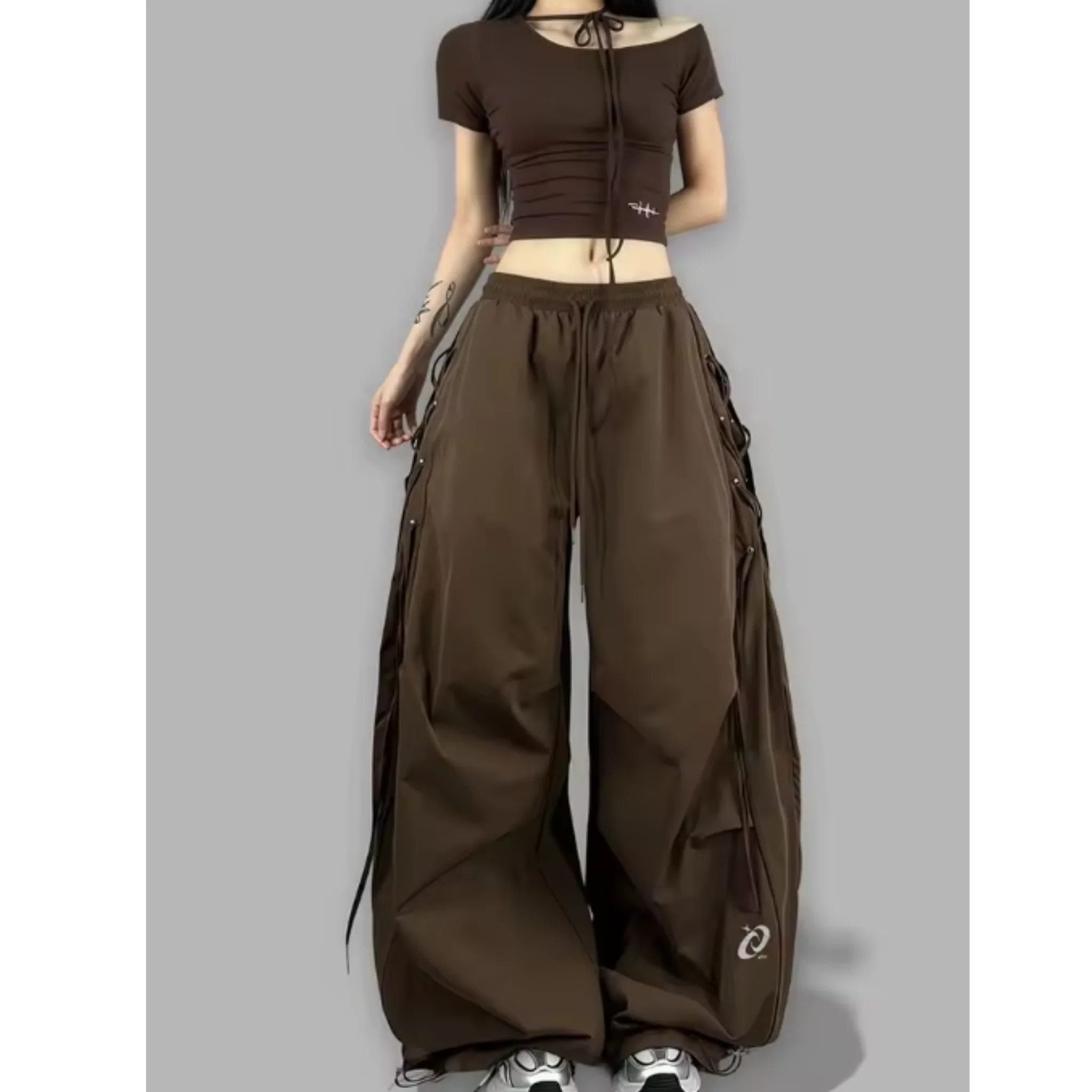 American Streetwear Jogging Cargo Pants Women High Waist Side Straps Loose Punk Wide Leg Trousers Fashion Hip Hop Parachute Pant