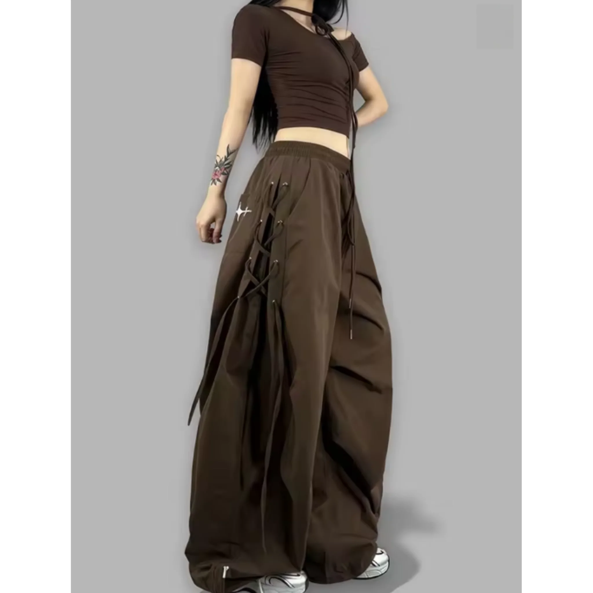 American Streetwear Jogging Cargo Pants Women High Waist Side Straps Loose Punk Wide Leg Trousers Fashion Hip Hop Parachute Pant
