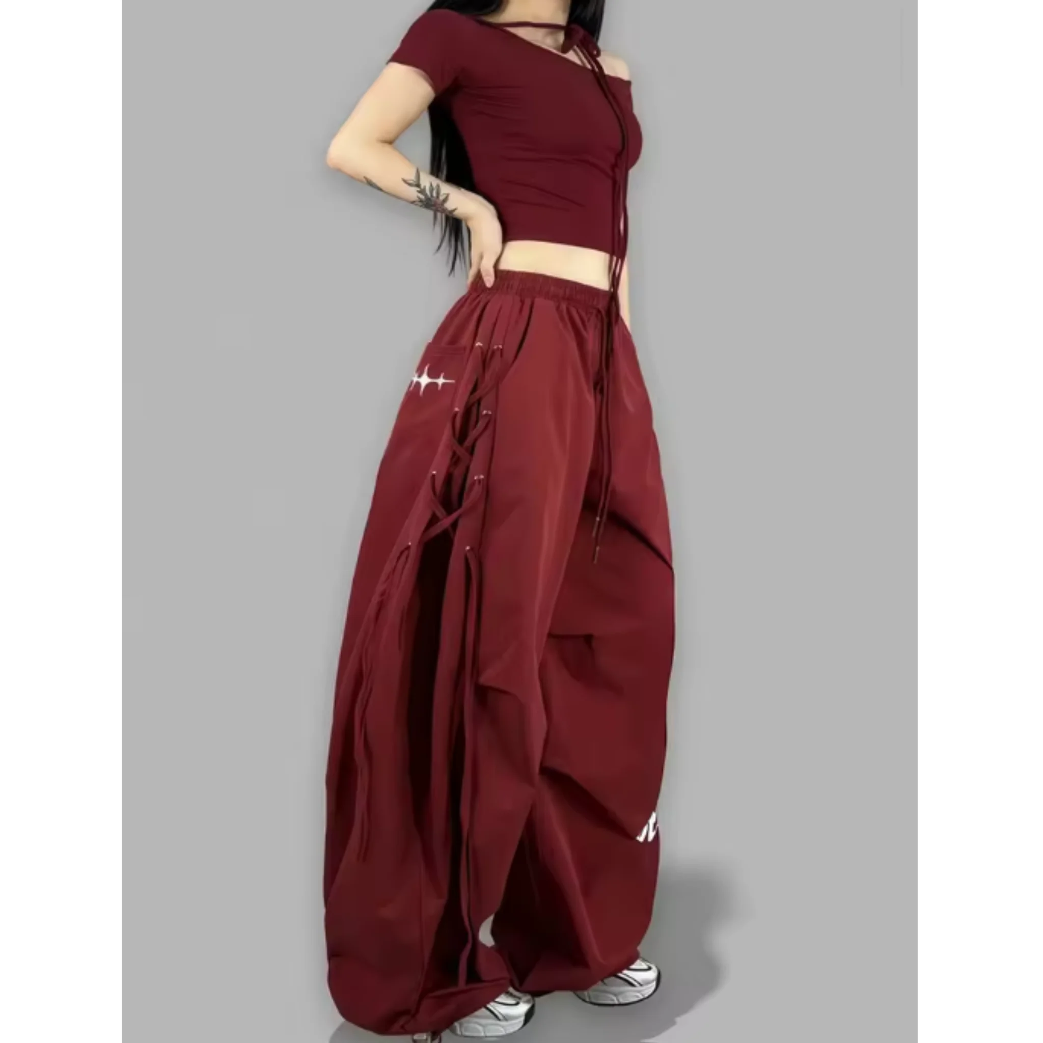 American Streetwear Jogging Cargo Pants Women High Waist Side Straps Loose Punk Wide Leg Trousers Fashion Hip Hop Parachute Pant