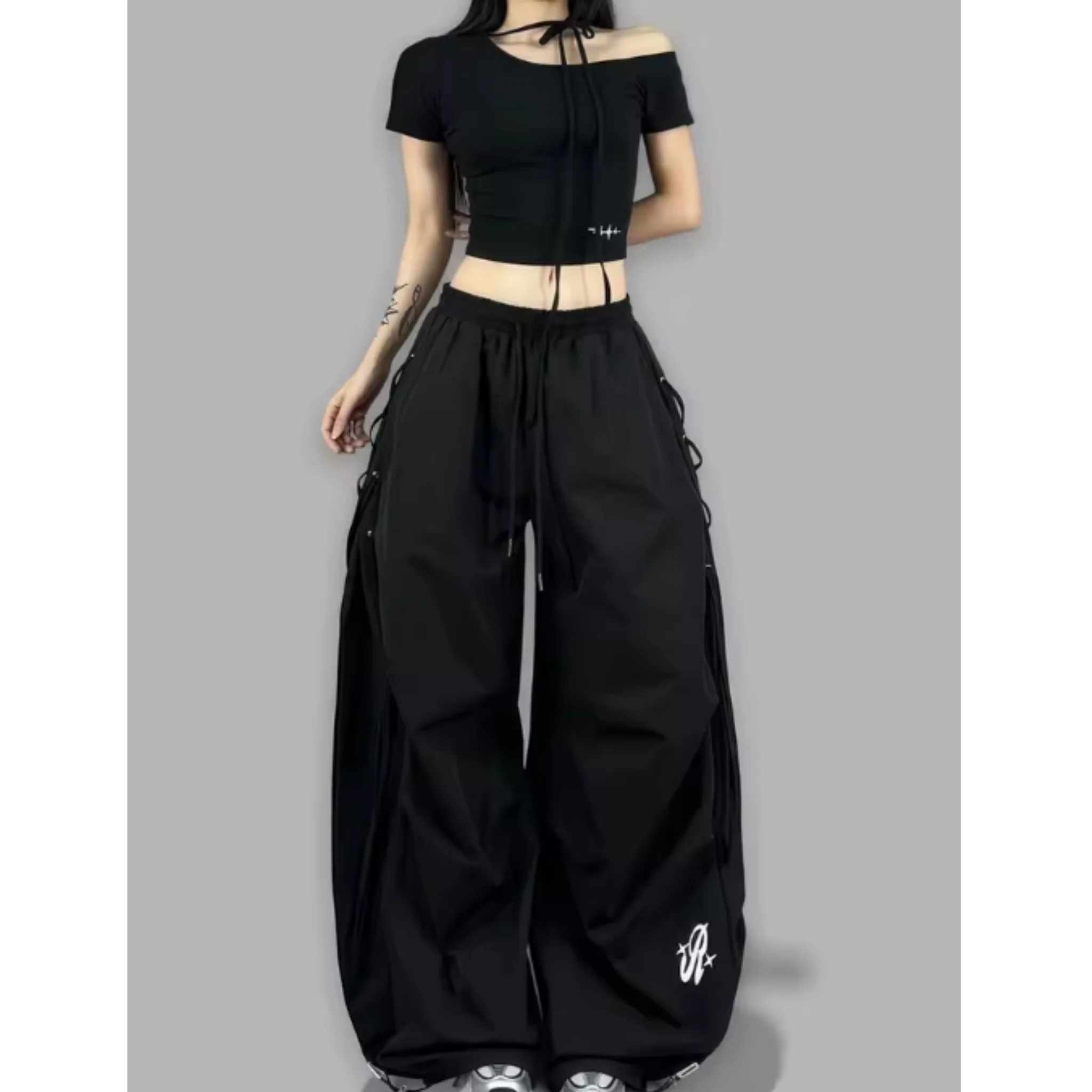 American Streetwear Jogging Cargo Pants Women High Waist Side Straps Loose Punk Wide Leg Trousers Fashion Hip Hop Parachute Pant