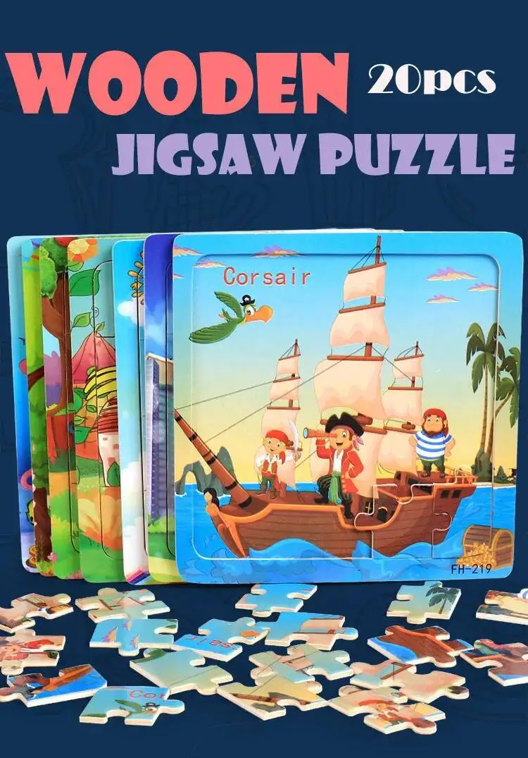20Piece 3D Wooden Puzzle Cartoon Animal Vehicle Cognitive Jigsaw Puzzle Early Learning Educational Puzzle Toys for Children