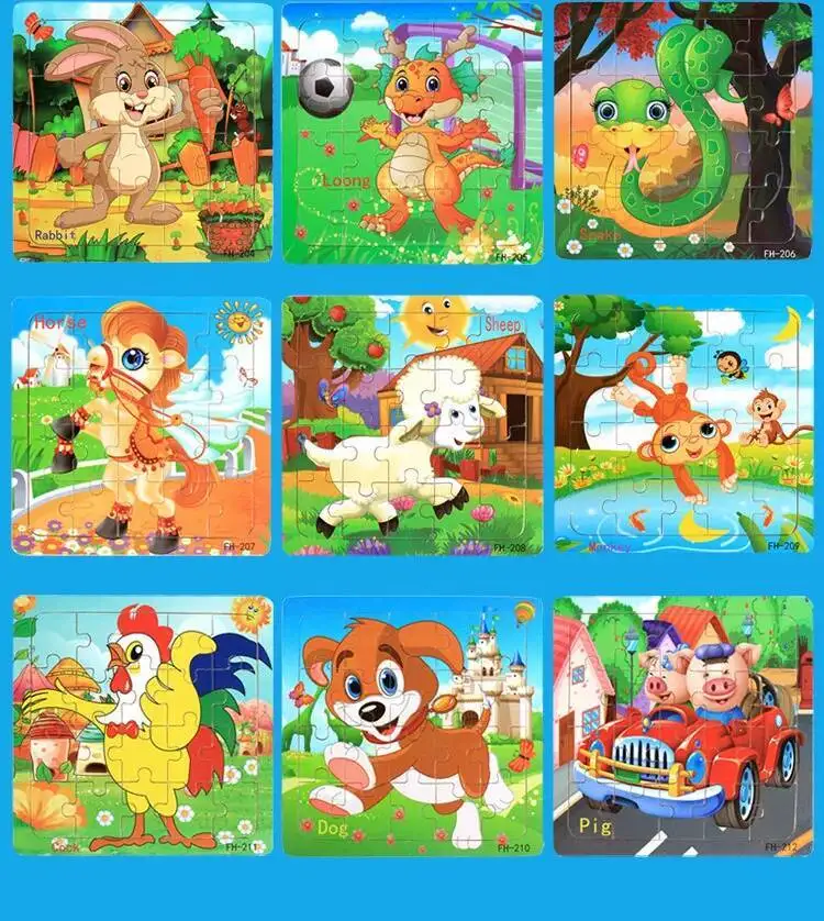 20Piece 3D Wooden Puzzle Cartoon Animal Vehicle Cognitive Jigsaw Puzzle Early Learning Educational Puzzle Toys for Children