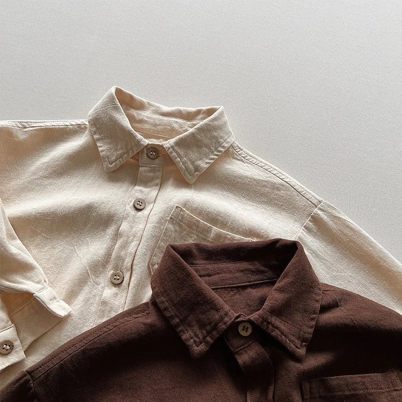 2026 Autumn New Children Long Sleeve Shirts Solid Color Tops Toddler Boys Girls Cotton Clothes Kids Turn-down Collar Shirts