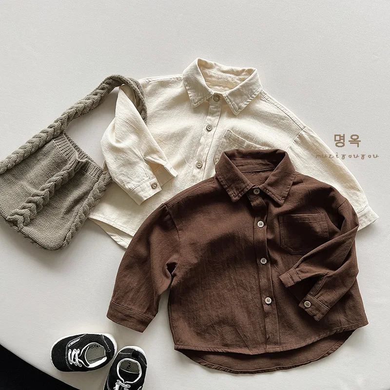 2026 Autumn New Children Long Sleeve Shirts Solid Color Tops Toddler Boys Girls Cotton Clothes Kids Turn-down Collar Shirts