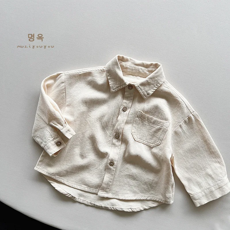 2026 Autumn New Children Long Sleeve Shirts Solid Color Tops Toddler Boys Girls Cotton Clothes Kids Turn-down Collar Shirts