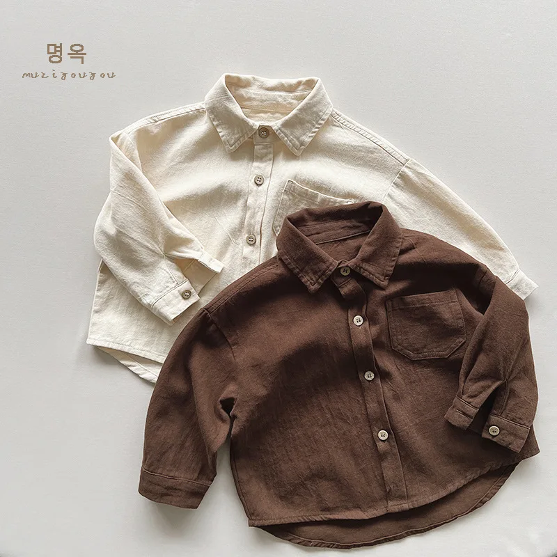 2026 Autumn New Children Long Sleeve Shirts Solid Color Tops Toddler Boys Girls Cotton Clothes Kids Turn-down Collar Shirts