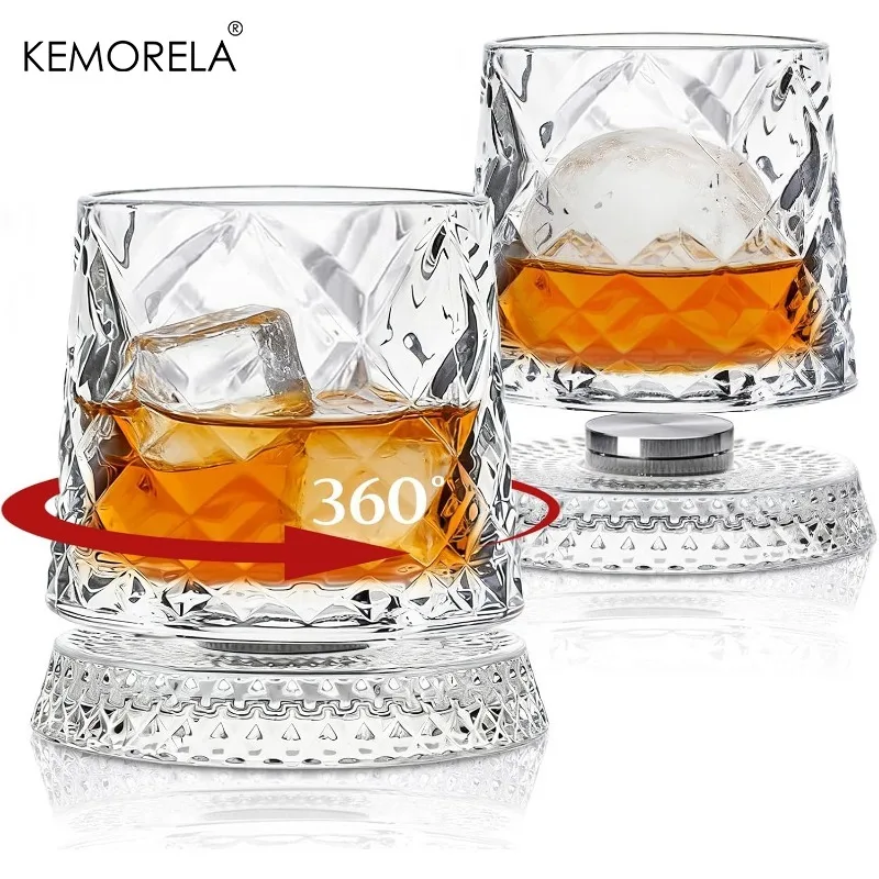 KEMORELA 300ML Spinning Whiskey Glasses 2PCS Old Clear Glasses for Scotch & Bourbon Cocktail Glasses for Bar Party Home and Gift