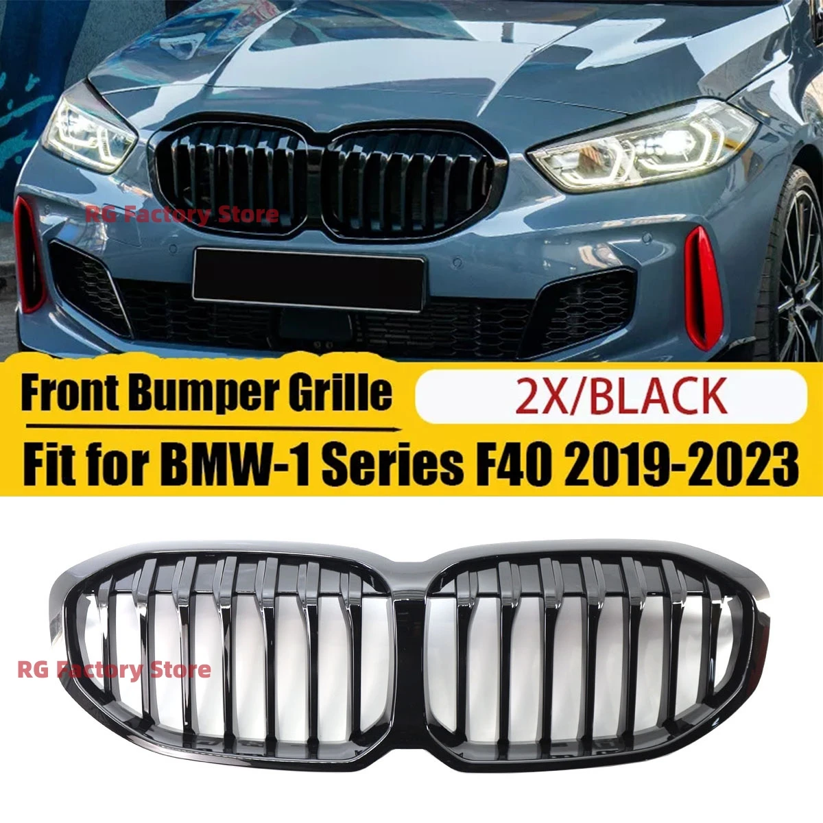 Gloss Black Front Bumper Kidney Racing Grille For BMW F40 1-Series 2019-2023 Single Slat Sport Grill Cover