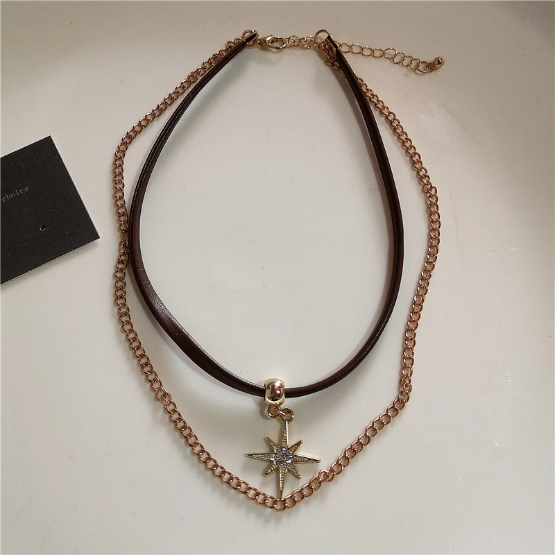Vintage Leather Brown Stone Sun Pendant Beaded Choker Clavicle Chain Necklace For Women Unique Y2K Personalized Grunge Jewelry