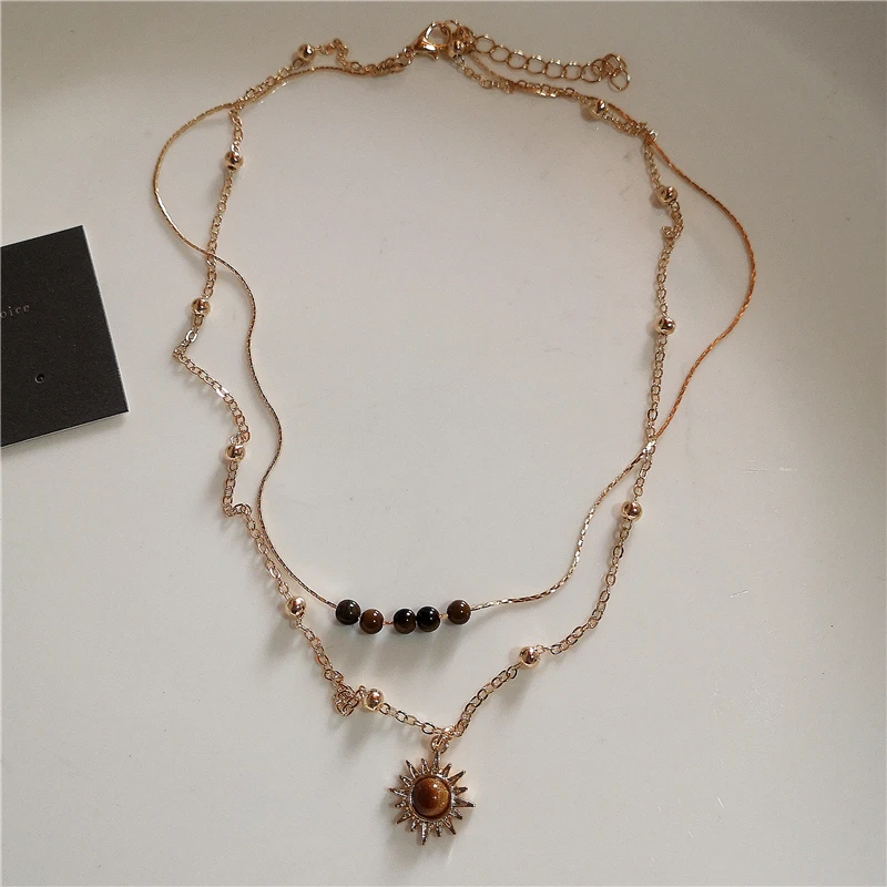 Vintage Leather Brown Stone Sun Pendant Beaded Choker Clavicle Chain Necklace For Women Unique Y2K Personalized Grunge Jewelry