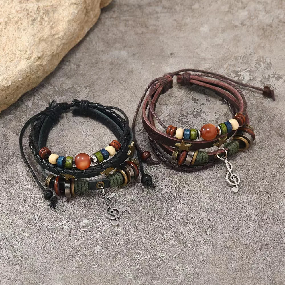Handmade Hippie Design Brown Leather Bracelet Women Metal Star Note Charms Wood Button Beads Wrap Unisex Adjustable Bracelet