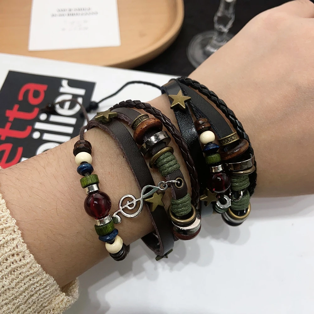 Handmade Hippie Design Brown Leather Bracelet Women Metal Star Note Charms Wood Button Beads Wrap Unisex Adjustable Bracelet