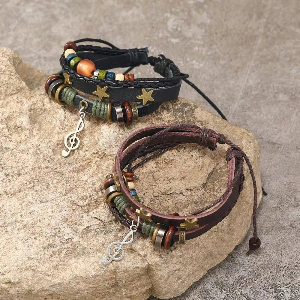Handmade Hippie Design Brown Leather Bracelet Women Metal Star Note Charms Wood Button Beads Wrap Unisex Adjustable Bracelet