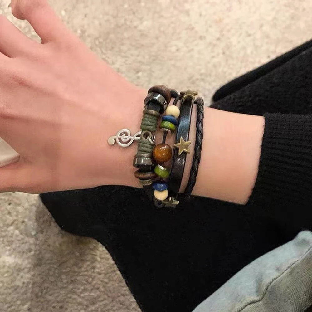 Handmade Hippie Design Brown Leather Bracelet Women Metal Star Note Charms Wood Button Beads Wrap Unisex Adjustable Bracelet