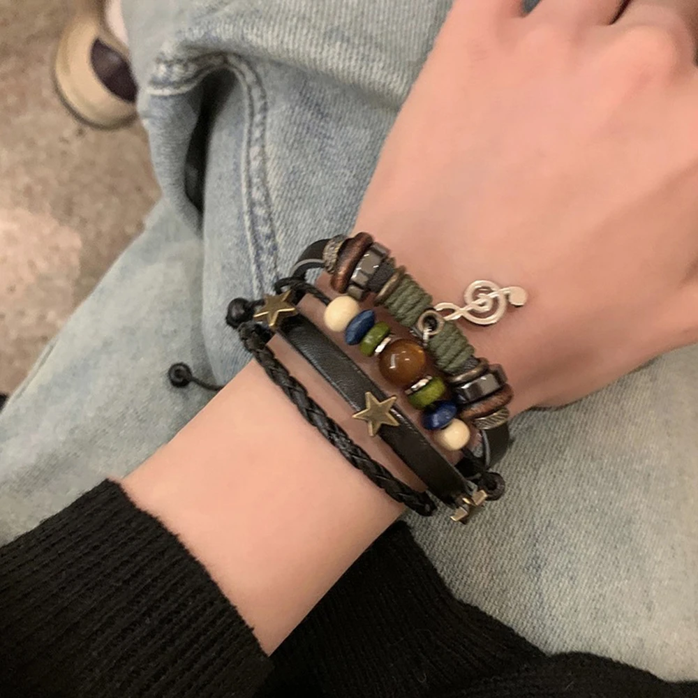 Handmade Hippie Design Brown Leather Bracelet Women Metal Star Note Charms Wood Button Beads Wrap Unisex Adjustable Bracelet