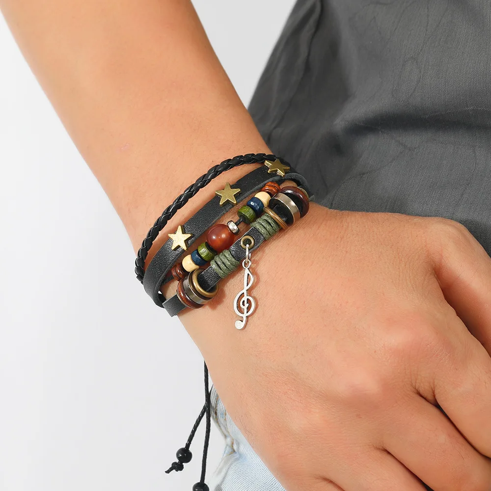Handmade Hippie Design Brown Leather Bracelet Women Metal Star Note Charms Wood Button Beads Wrap Unisex Adjustable Bracelet