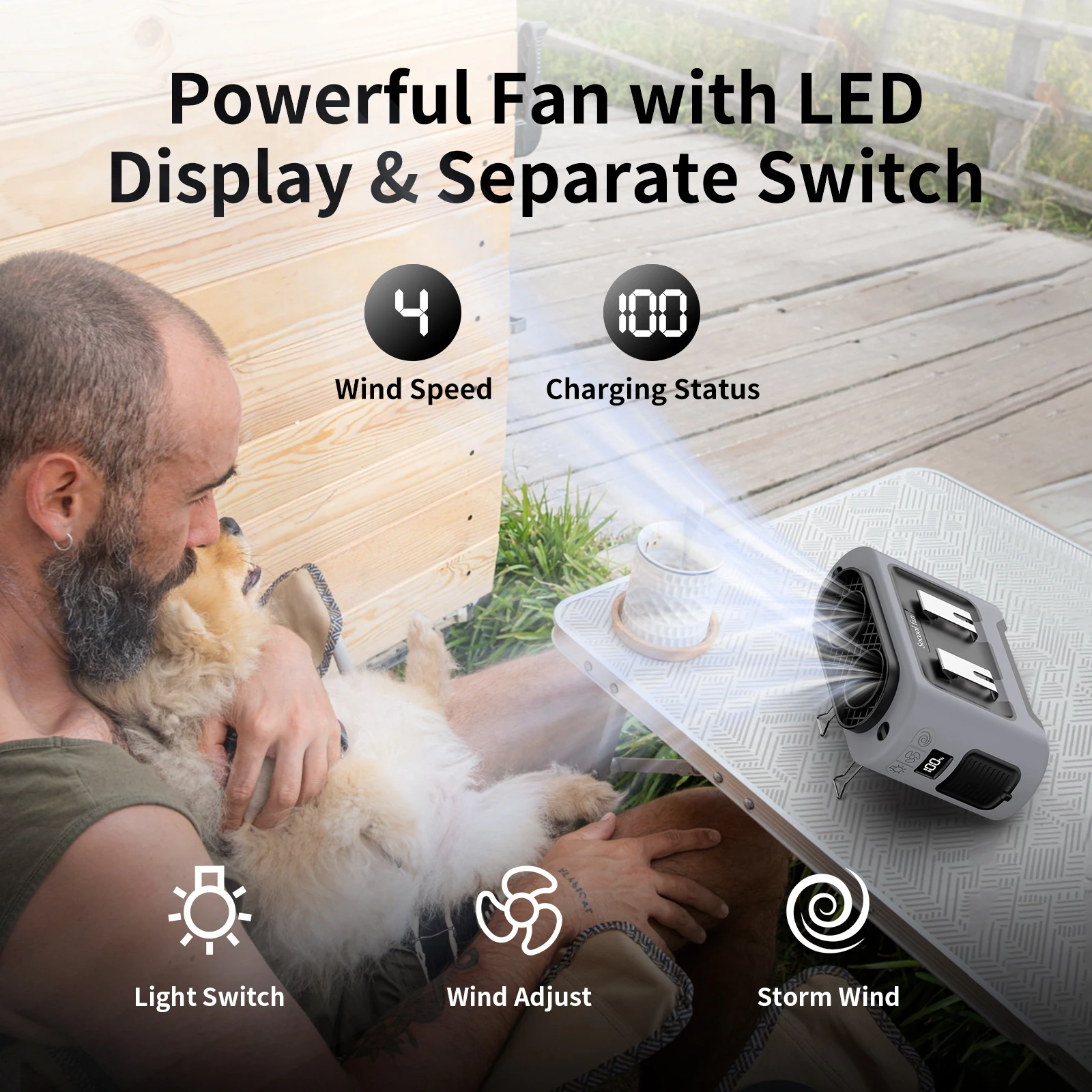 Socool 14500mAh Portable Waist Fan Dual Airflow Outlet Turbo Motors with Four Clips Emergency Flashlight Power Bank for Outdoor